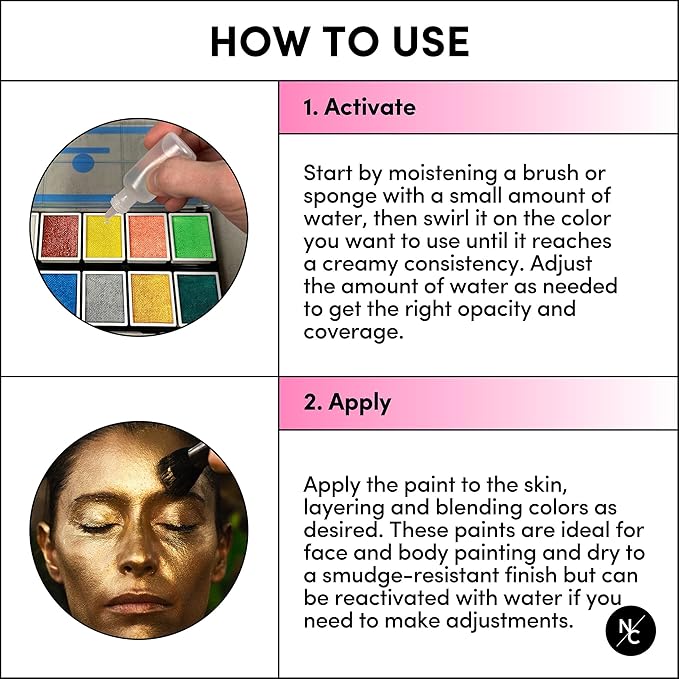 Metallic 12-Color Palette - Luxurious Water-Activated Makeup for Face & Body - Shimmering Shades for SFX, Cosplay, Theater, Film & TV Makeup Artists