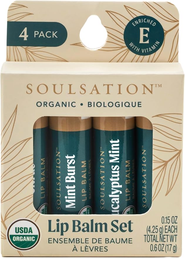 Organic Lip Balm Set, 4 Flavors - Moisturizing for Cracked & Dry Lips