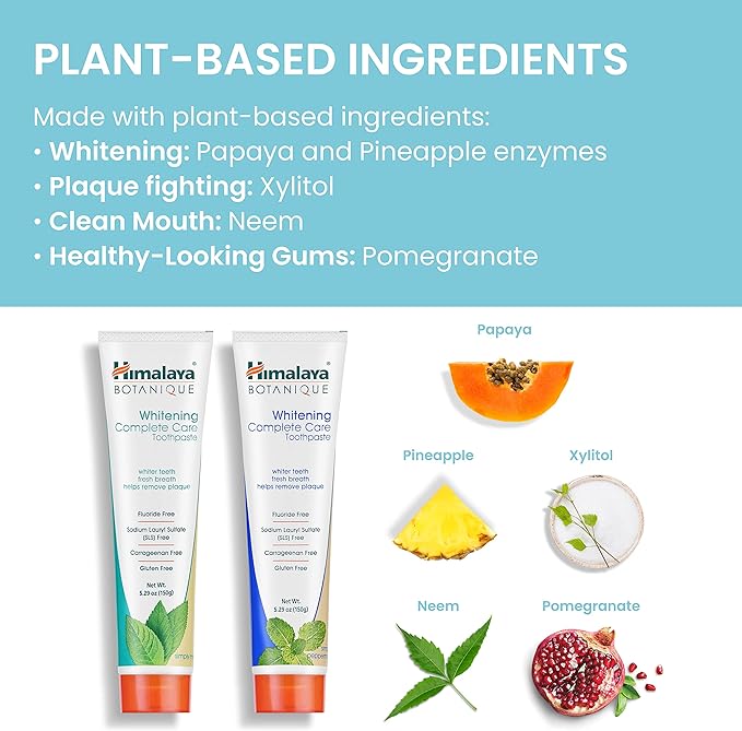 Himalaya Botanique Complete Care Whitening Toothpaste Variety Pack, Simply Mint and Simply Peppermint Flavors, Fluoride Free, for a Clean Mouth, Whiter Teeth and Fresh Breath, 5.29 oz, 2 Pack