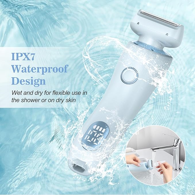 Livora Electric Shaver for Women, 2 in 1 Wet & Dry Bikini Trimmer with 2 Removable Heads, The Glide Pro 3.0 Razor, Painless Hair Removal for Bikini, Legs, Underarms, Body (Blue)