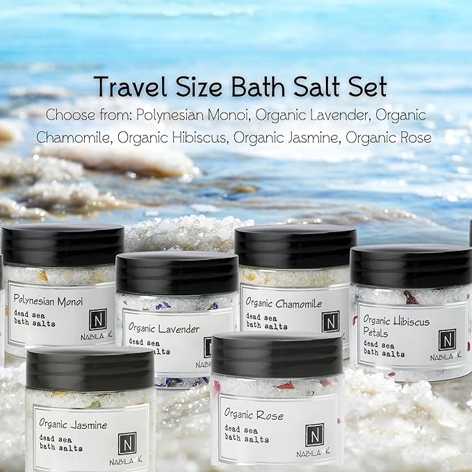Assorted Bath Salts (Set of 6) by Nabila K - Dead Sea Salt & Epsom Salt Scrub & Soak - Exfoliates & Hydrates Skin, Botanical Essential Oils - Bubble Bath Accessories for All Skins Types, 2 oz