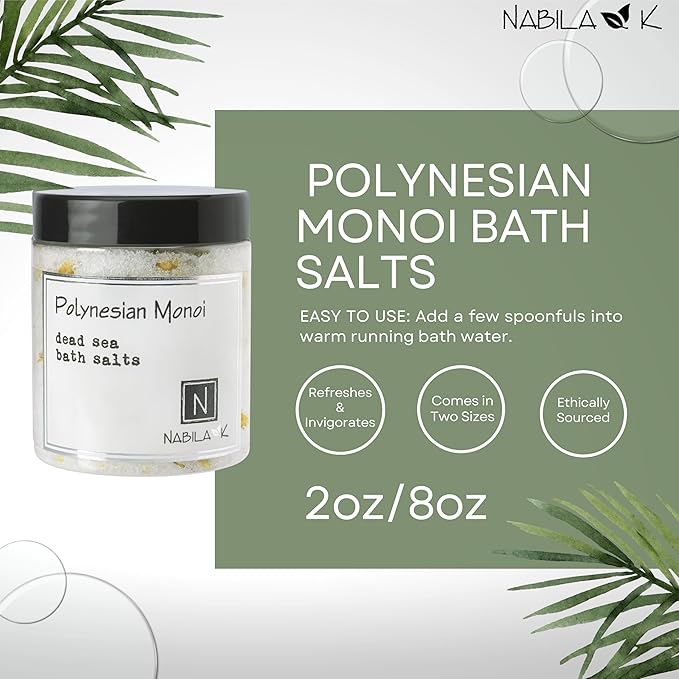 Polynesian Monoi Bath Salts by Nabila K - Dead Sea Salt & Epsom Salt Scrub & Soak - Exfoliates & Hydrates Skin, Botanical Essential Oils - Bubble Bath Accessories for All Skins Types, 2 oz