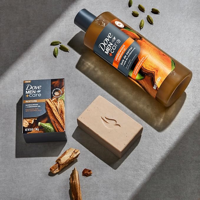 DOVE MEN + CARE Body Wash Sandalwood + Cardamom Oil to Rebuild Skin in the Shower with Plant-Based Cleansers and Moisturizers 26 oz