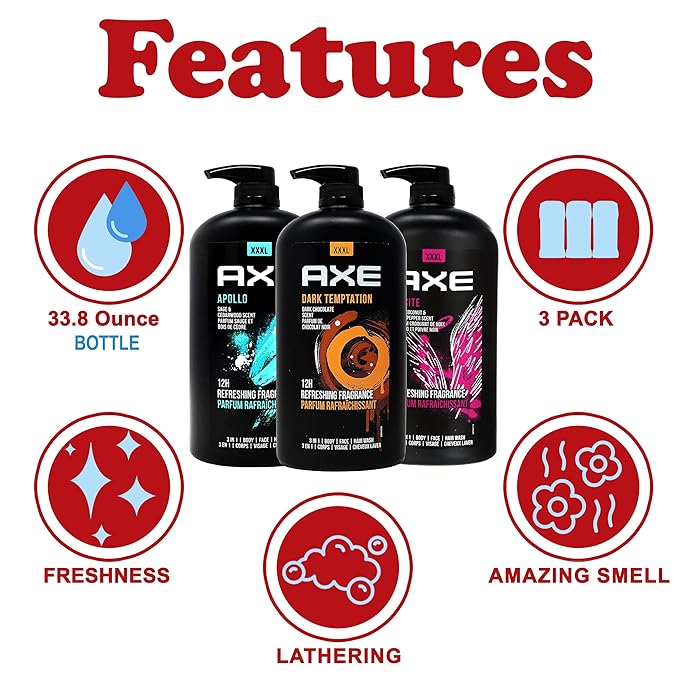 Axe Men's Body Wash Variety Set, Set of 3 Scents, Axe Dark Temptation, Apollo and Excite Body Wash, 3in1 Body and Face Wash in Pump Bottle, 33.8 Ounce Each