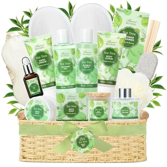 Spa Gift Basket - Tea Tree Bath Set With Shower Gel, Bubble Bath, Hand Cream, Soap, Salt, Essential Oil - Luxury Body Gift Kit for Women