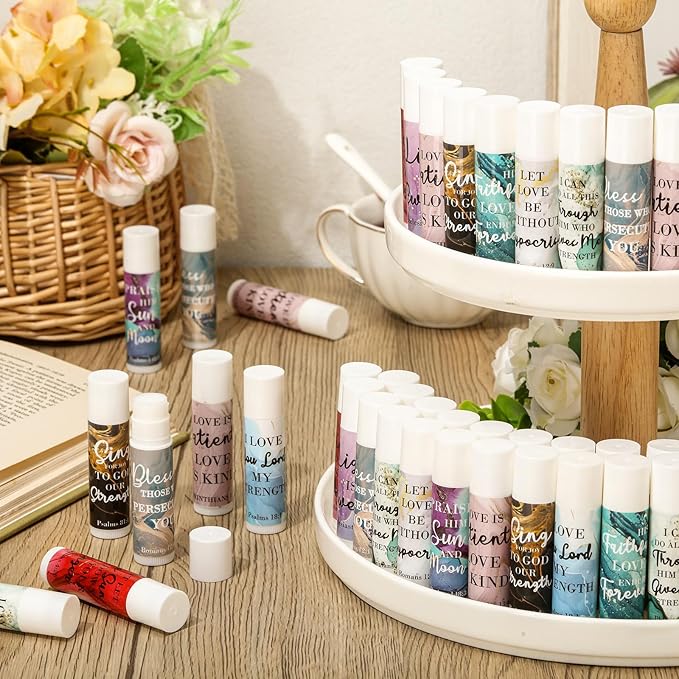 50 Pcs Lip Balm Bulk Christian Gift for Women Faith Religious Bible Verse Lip Balm Inspirational Gift Scripture Moisturizing Lip Care Product for Coworker Friend Sister Teacher (Marble Print)