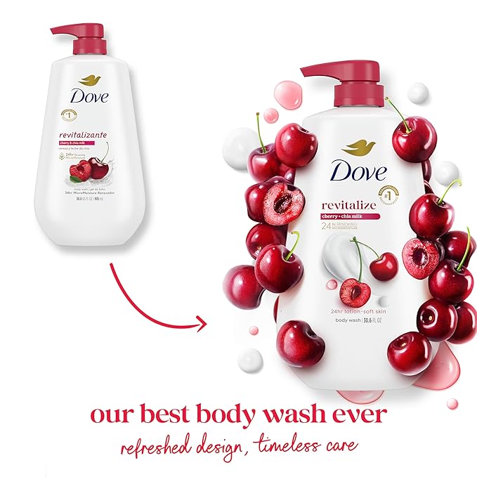 Dove Body Wash with Pump 3 Count Revitalizante Cherry & Chia Milk, for Renewed, Healthy Looking Skin,Moisturizing Gentle Skin Cleanser with 24hr Renewing MicroMoisture, 30.6 oz