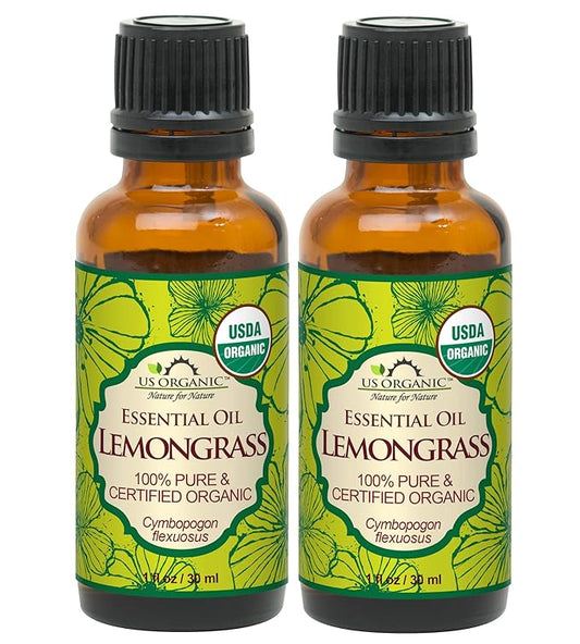 US Organic 100% Pure Lemongrass Essential Oil, USDA Certified Organic, Extracted by Steam Distillation Method, for Hair, Nail Polish Remover, Bees Attraction, and More. 30 ml, Value 2 Pack