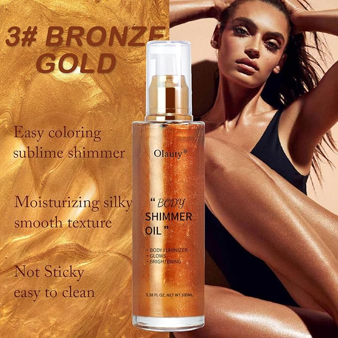 Shimmer Body Oil-Bronze Gold Face Brighten Pearl Highlighter Liquid Illuminator Body Glow Oil,4 Color Bronze Makeup Glitter Body Shimmer Oil with Makeup Brush