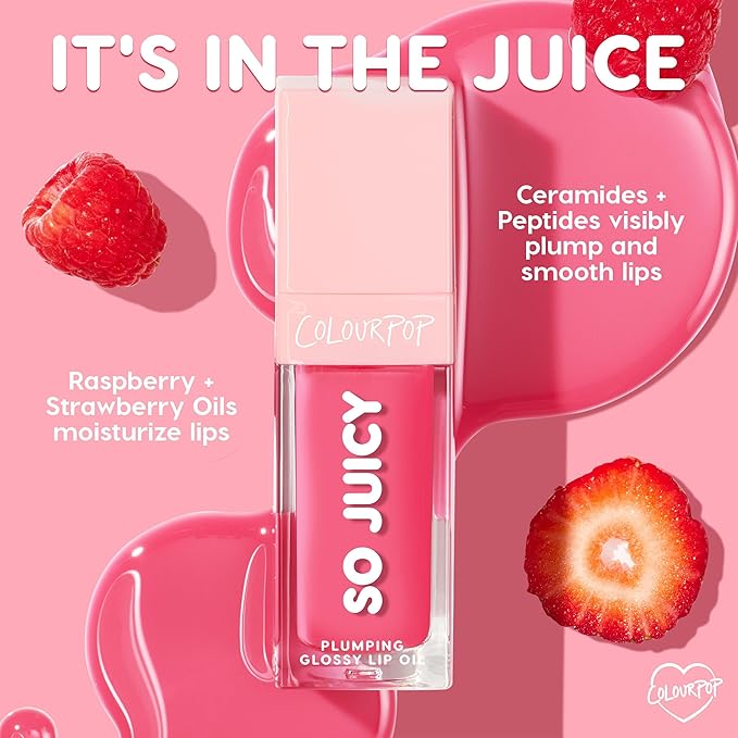 Colourpop So Juicy Plumping Glossy Lip Oil - Hydrating & Plumping Lip Oil with a Sheer Wash of Non-Sticky Color - Infused with Peptides, Ceramides & Ginger - Lychee Jelly (0.29)