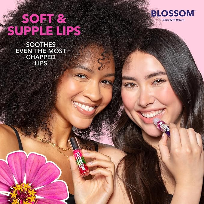 Blossom Roll on Lip Gloss, Scented Clear High Shine Moisturizing Lip Oil, Non Sticky, Infused with Real Flowers, Made in USA, 0.2oz, Strawberry/Banana