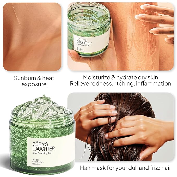 COBA'S DAUGHTER 99% Pure Aloe for Sunburn Relief & After Sun Recovery| Coconut Scented Aloe Vera Gel |Organic Aloe Vera Gel for Face & Body - Hair Hydration & Cooling Lotion (10.6 oz)