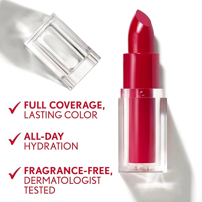 COVERGIRL Clean Lip Color, Iconic Ruby, Satin Finish, Squalane, Avocado & Aloe, Carmine-Free, Non-Drying, 0.12oz
