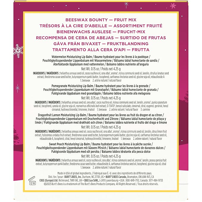Burt's Bees Lip Balm Gift Set, Beeswax Bounty Fruit Mix, 0.15 Oz, 4 Count