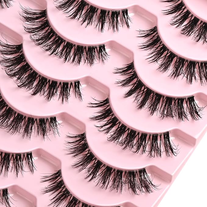 FARRED Cat Eye Lashes False Eyelashes Short Wispy Lash Strips Volume Eyelash 14 Pairs Cateye Medium Length False Clear Band Lashes Natural Looking Hybrid Clusters Full Strip Lashes (F29 | 7-14mm)