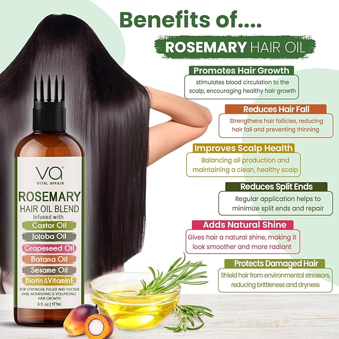 Blend Of Pure Rosemary Oil For Hair Growth With Castor, Batana, Jojoba Oil-Infused With Biotin & Vitamin E-Blend of Effective Hair Oils for Hair Growth-Strengthening Treatment 6 Fl Oz