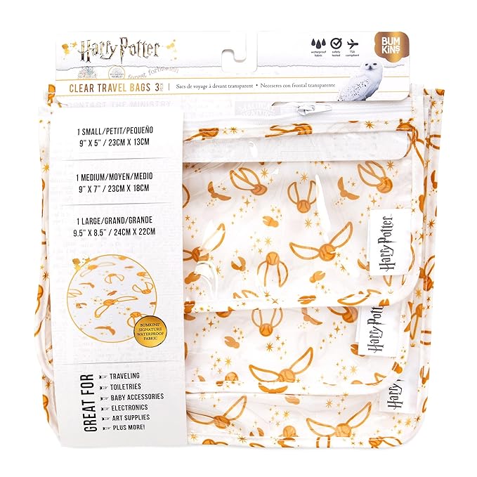 Bumkins Travel Bag, Toiletry, TSA Approved Pouch, Zip Bag, Quart Size Airline Compliant, Clear-Sided, Baby, Diaper Bag Organization, Makeup, Accessories, Packing, Set of 3 Sizes, Harry Potter