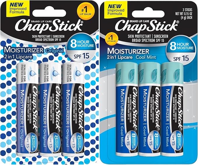 ChapStick Moisturizer 2-in-1 Lipcare 6-Pack (3 Original, 3 Cool Mint) – 8-Hour Lip Balm with Broad Spectrum SPF, Aloe & Vitamin E, 0.15 Ea