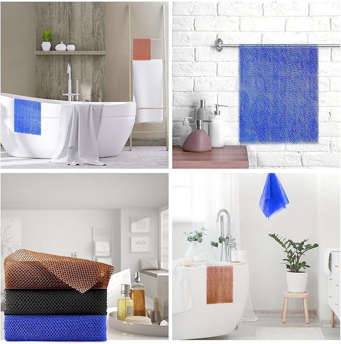 3 Pieces African Bath Sponge African Net Long Net Bath Sponge Exfoliating Shower Body Scrubber Back Scrubber Skin Smoother,Great for Daily Use (Black、Blue、Brown)