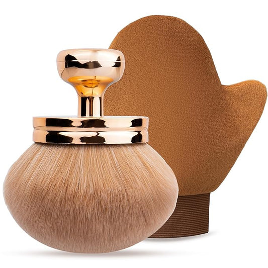 Self Tanning Brushes- Blend & Blur Extra Large Body Makeup Brush & Tanning Mitt, 2 Pcs, Kabuki Body Brush Applicator for Tan, Foundation, Self Tanner Glove for Application, Mousse, Lotion (Rose Gold)