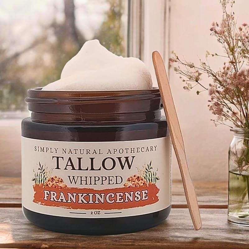 Beef Tallow for Skin Care, Face, Hands - Natural Moisturizer - Whipped - Organic Grass-Fed Beef Fat - Vitamins A, D, E, K - Dry Skin, Baby Diaper Cream - Hydrating - Handmade - Frankincense - 2 oz Jar