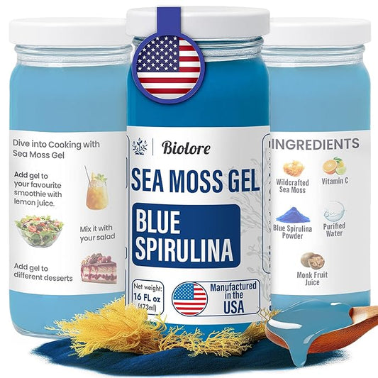 Biolore Sea Moss Gel - Blue Spirulina 16oz, Wildcrafted Irish Seamoss with Essential Vitamins & Trace Minerals, Vegan Superfood Made in USA