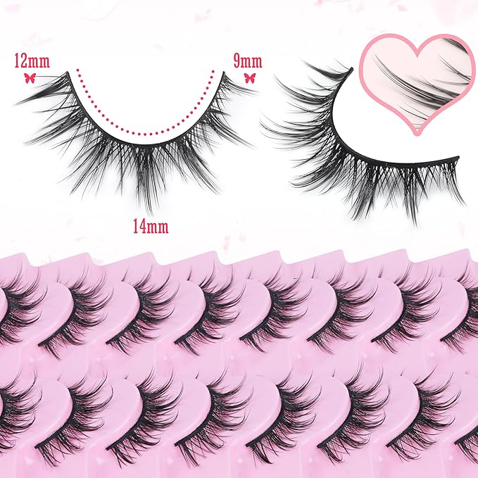 FANXITON Manga Lashes Wispy Natural Look Faux Eyelashes 10 Pairs Asian 3D False Eyelashes 14 mm Cat Eye Lashes Pack