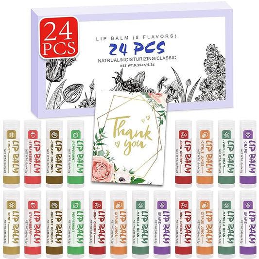 24 Pack Lip Balm, Natural Lip Balm Bulk with Vitamin E and Coconut Oil, Moisturizing Soothing Chapped Lips-8 Flavors