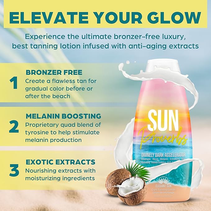 Sun Proverbs, Tanning Bed Lotion, Dark Tan Accelerator, Outdoor Indoor Tanning Lotion without Bronzer, No DHA White Tanning Lotion, Natural Bronzing Coconut Sun Kissed Lotion, by Elegant Sun