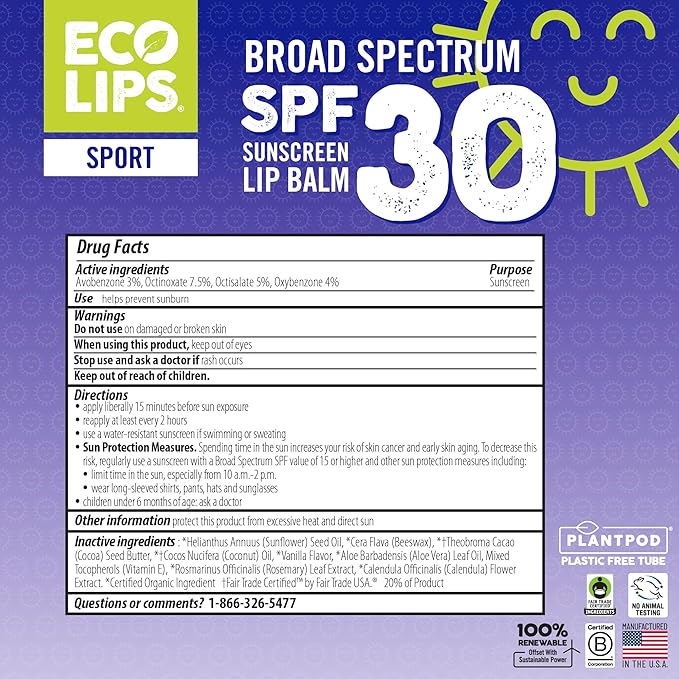 Eco Lips Classic Variety Broad Spectrum Sunscreen Lip Balm 6-Pack (Berry, Sport, Mint) - 100% Plastic-Free Plant Pod Packaging - Made in USA