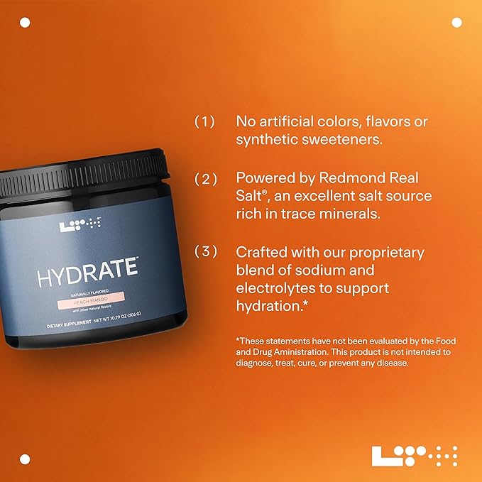 LTH Hydrate Hydration Mix - Trusted by Life Time Fitness Members - NSF Certified for Sport - Electrolyte Powder - Plant-Based, Non-GMO, Gluten Free - 60 Servings (Peach Mango)