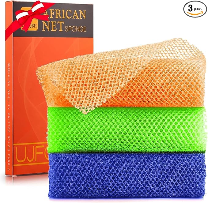 UJFQBH 3 Pieces African Bath Sponge African Net Long Net Bath Sponge Exfoliating Shower Body Scrubber Back Scrubber Skin Smoother,Great for Daily Use (Orange、Blue、Green)