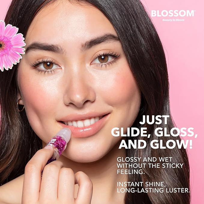 Blossom Roll on Lip Gloss, Scented Clear High Shine Moisturizing Lip Oil, Non Sticky, Infused with Real Flowers, Made in USA, 0.2oz, Vanilla Bean