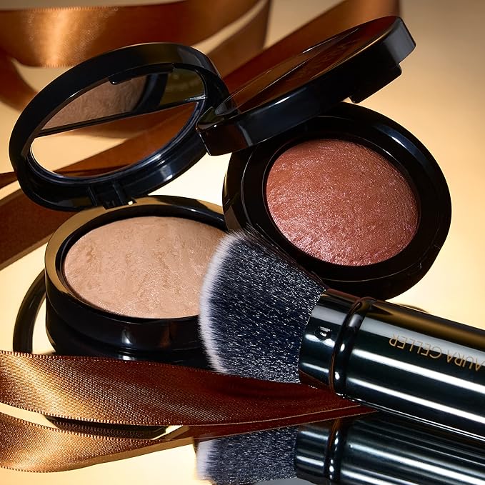 Blush-n-Glow Kit (3 PC): LAURA GELLER NEW YORK Baked Balance-N-Glow Illuminating CC Powder Foundation Golden Medium, Retractable Kabuki Brush, Baked Blush-N-Brighten Pink Grapefruit