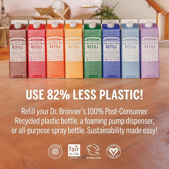 Dr. Bronner's Pure-Castile Liquid Soap Bottle & Refill Carton - Made with Regenerative Organic Certified Oils, 82% Less Plastic-18-in-1 Uses for Face, Body Wash, Hand Soap Refill- Lavender,32oz
