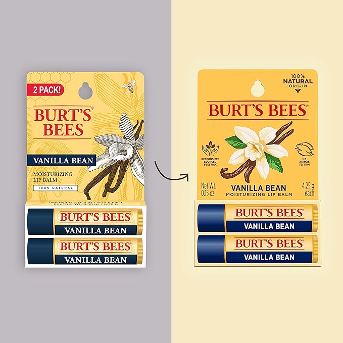 Burt's Bees Lip Balm - Vanilla Bean, Lip Moisturizer With Responsibly Sourced Beeswax, Tint-Free, Natural Origin Conditioning Lip Treatment, 2 Tubes, 0.15 oz.