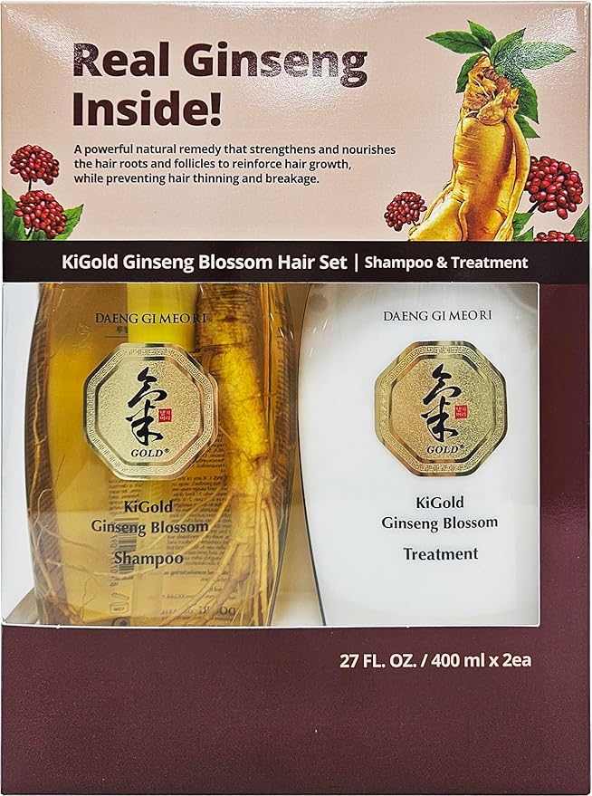 Daeng Gi Meo Ri - Ki Gold Ginseng Blossom Hair Set, Shampoo 13.5FL OZ/400ml and Treatment 13.5FL OZ/400ml