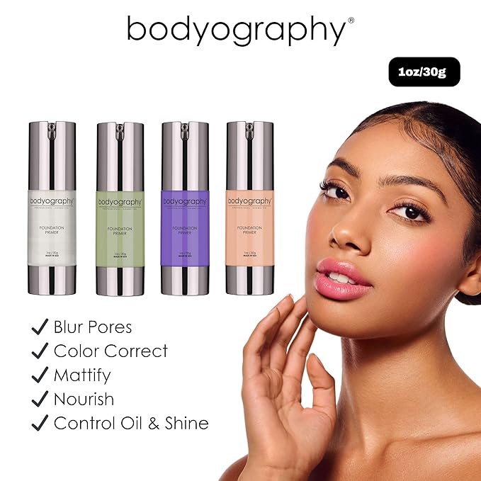BODYOGRAPHY - Foundation Primer (Clear): Flawless Anti-Aging Salon Makeup Primer w/Vitamin E, A, Jojoba, Grapeseed Oil | Control Shine | Gluten-Free, Cruelty-Free, 1 oz.