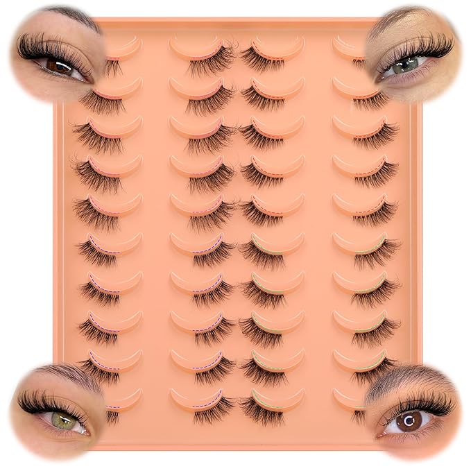 JIMIRE 20 Pairs Hlaf False Eyelashes with Clear Band Half Lashes Wispy Short Accent Lashes 4 Styles Mixed Cat Eye Mink Lashes Fluffy 3/4 Corner Fake Half Lashes Cat Eye Natural Look