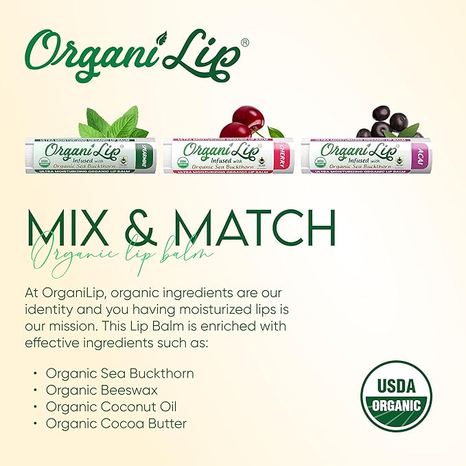 OrganiLip Organic Lip Balm, Variety3 Pack (Spearmint, Cherry, Acai), Ultra Hydrating Lip Moisturizer for Dry Lips, USDA Certified Organic,