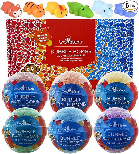 Zoo Animal Bath Bombs for Kids with Surprise Toys Inside (6 Pack) - Gentle and Safe, USA Made, Large Bubble Bomb & Ideal Gift for Boys & Girls by Two Sisters