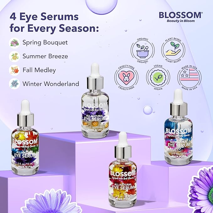 Blossom All Natural Organic Cruelty Free Moisturizing Eye Serum with Essential Oils, Infused with Real Flowers, Made in USA, 0.5 fl. oz., Fall Medley