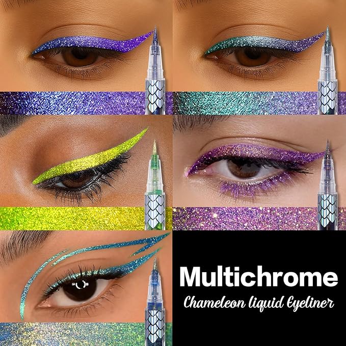 Chameleon Metallic Duochrome Liquid Eyeliner, Color Shifting Shimmery Eye Liner, Duo-color Waterproof Long Lasting Glitter Eye Makeup Pen Eyeliners (Mermaid Gleam)
