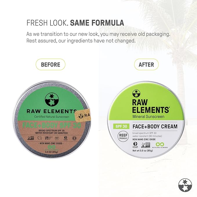 Raw Elements Face and Body Mineral Sunscreen SPF 30 Tin, Organic Sunblock Daily Protection, Non Toxic Reef Safe, Water Resistant, Cruelty Free, Plastic Free, 3 oz (Pack of 2)