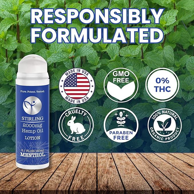 STIRLING Menthol Lotion + Hemp Oil – Maximum strength relief with cooling menthol and 100% pure hemp oil to soothe joints, relax muscles, and hydrate with aloe vera. 5 fl oz. (2000mg, Menthol)