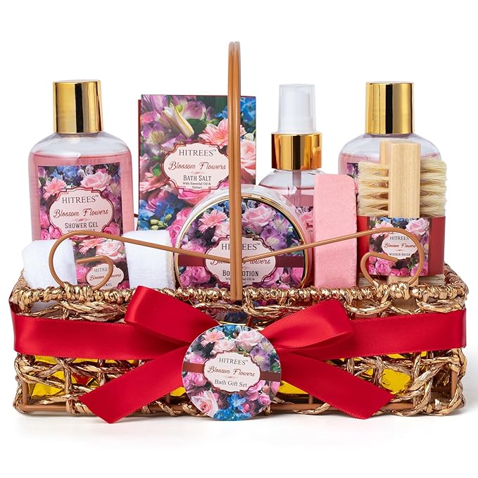 Spa Gift Basket for Women, ROSE & JASMINE Friendship Gifts Women, Tote Bag, Shower Gel, Hand & Body Cream, Hitrees Bath Gift Set for Her, Mom, Mothers Day