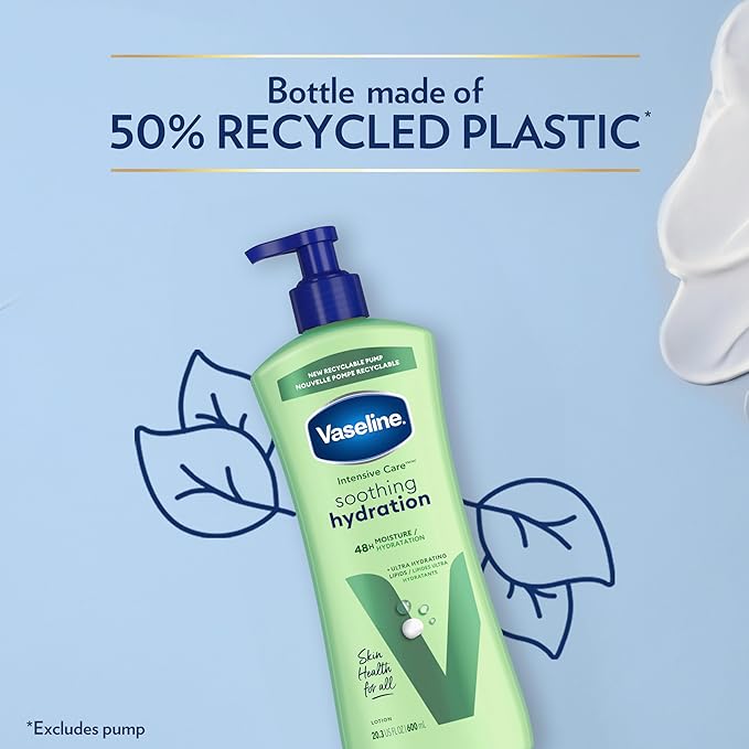 Vaseline Intensive Care Body Lotion for Dry Skin Soothing Hydration Lotion Made with Ultra-Hydrating Lipids + 1% Aloe Vera Extract to Refresh Dehydrated Skin 20.3 oz, Pack of 3 (packaging May Vary)