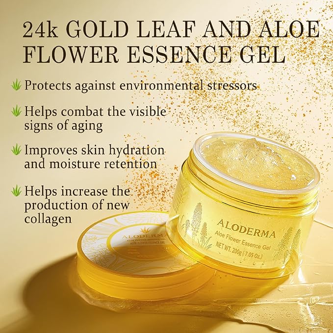 Aloderma Age-Defying Aloe Flower Essence Gel with 24K Gold Leaf, Made within 12 Hours of Harvest - Luxurious Aloe Gel with Allantoin & Hyaluronic Acid for a Shimmering, Youthful Complexion, 7oz 3-Pack