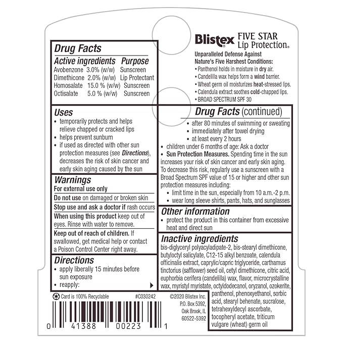 Blistex Five Star Lip Protection Balm, 0.15 Ounce – Wind & Water-Resistant Lip Care, Broad Spectrum SPF 30 Sun Protection, Soothes Cold Chapped Lips, Hydrating Lip Treatment, Holds in Moisture