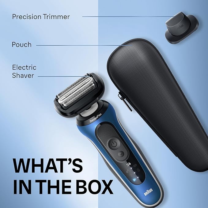 Braun Electric Shaver for Men, Series 6 6120s, Wet & Dry Shave, Turbo & Gentle Shaving Modes, with Precision Trimmer & Pouch, Blue